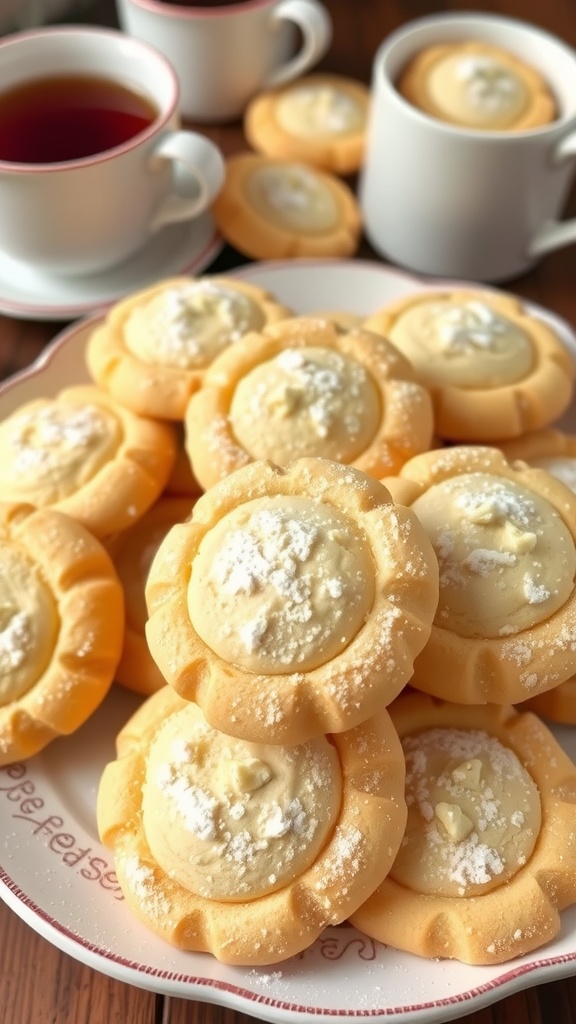 A plate of soft cream cheese cookies with powdered sugar, set in a cozy kitchen.